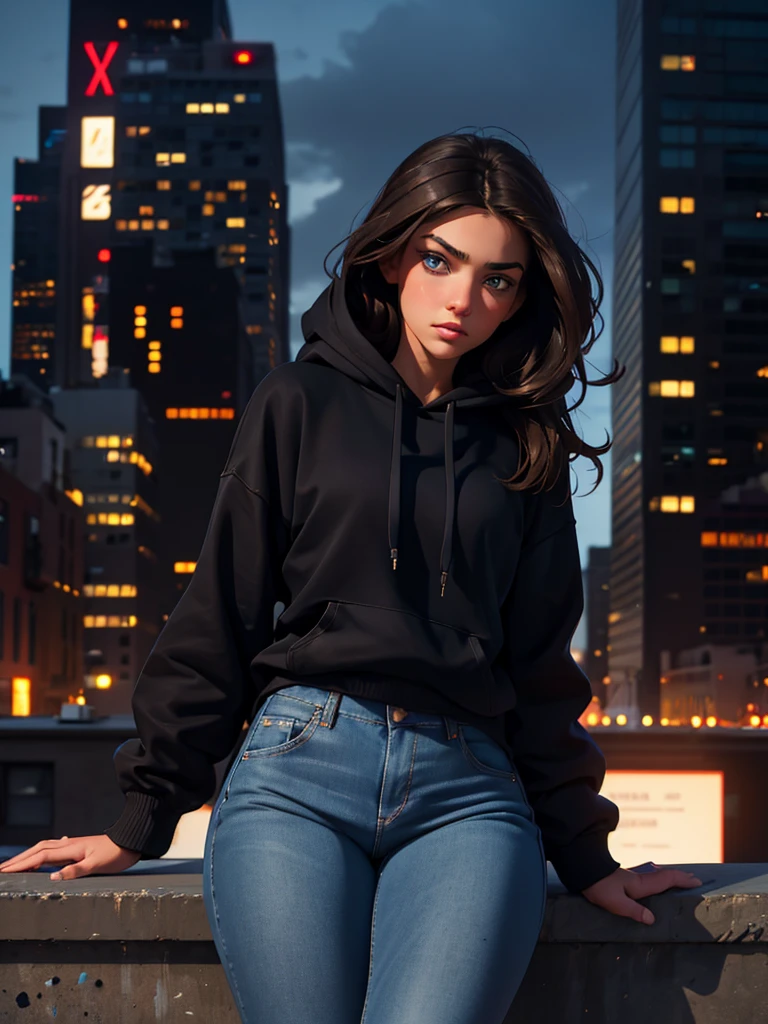 a pretty brunette, 22 years old, wearing a black hoodie and blue jeans, writing on paper on the roof of a New York building, pensive and slightly sad expression, detailed facial features, detailed eyes and lips, complex urban background, fancy lighting, cinematic composition, realistic photo, high quality, 8k, ultra detailed