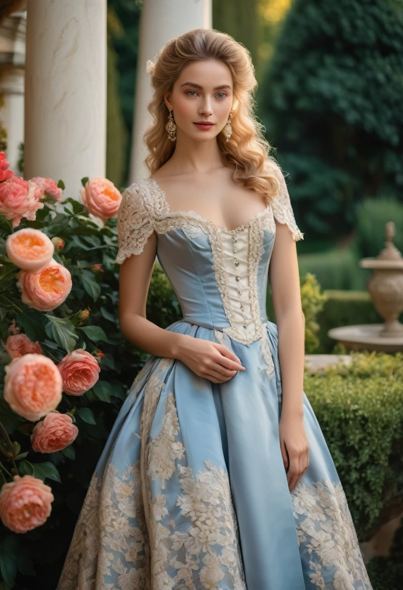 (best quality,4K,8K,high resolution,masterpiece:1.2),Extremely detailed,(Practical,photoPractical,photo-Practical:1.37),18th-century portrait,Italian girl,,Stunning beauty,portrait,Distinguished family background,Vibrant colors,Soft lighting,Porcelain skin,Red face,Sharp blue eyes,Flowing blond hair,Beautiful,Gently smiling lips,Gorgeous dress,Lace details,Pearl Accessories,Lush garden background,Evoking elegance and refinement,Classical style,Baroque influences,Delicate brushstrokes,Subtle shadows,Extreme attention to detail,Complex patterns,Studio Lighting,charm,Beautiful posture,A subtle glance,Vivid floral arrangement,Impeccable composition,Rich color palette,Epitome of beauty and grace,展现主题的青春与charm.
