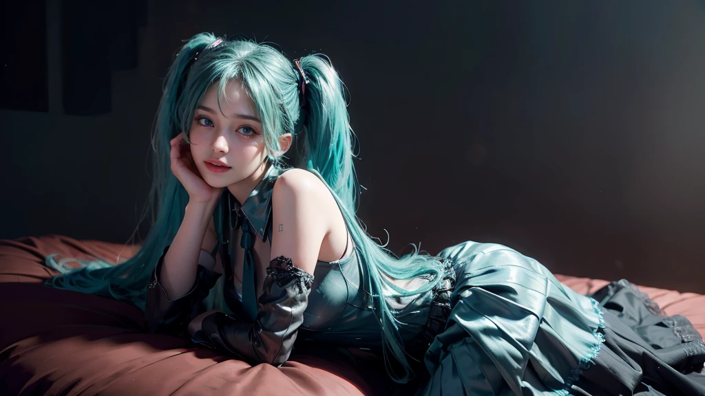 masterpiece,Game Art,Best picture quality,Maximum resolution,8k,(Upper Body,ambush),Unreal Engine 5 rendering works,Ray Tracing,RAW photos,(((Hatsune Miku Character))), (((Tosca Hair Color))), ((Long double ponytail hairstyle)), Enjoy the scenery, Focus on the Horizon, (((Perfect eyes))), (((Smile))), 21-year-old girl, Perfect body, (((Perfect anatomical structure))), Tosca Eye Color, Double eyelids, (((Small breasts))), Very detailed skin texture, (Realistic skin), Ultra-fine face, Delicate lips, (((Delicate eyes))), (((Double eyelids))), necklace, Moist skin, Wet hair, Simple background, (Front focus), (On the peaks:1.2), (((Night Atmosphere))), Deep Dark, Surrealist Portraits of Women by David Hockney and Alphonse Mucha, Fantasy Art, (((Photo-realistic))), ((Dynamic poses)), (((World Model Poses))), Dynamic Lighting, Art Station, poster, Volumetric Lighting, Very detailed faces, 4K, in the darkness, (((Night Atmosphere))), ((Deep Shadows)), Low profile, Cowboy shooting, (((Red long skirt))), Lighting Dress, (((Erotic lace dress))), (((stocking))),((3D Unreal Engine)),OC rendering reflection mode