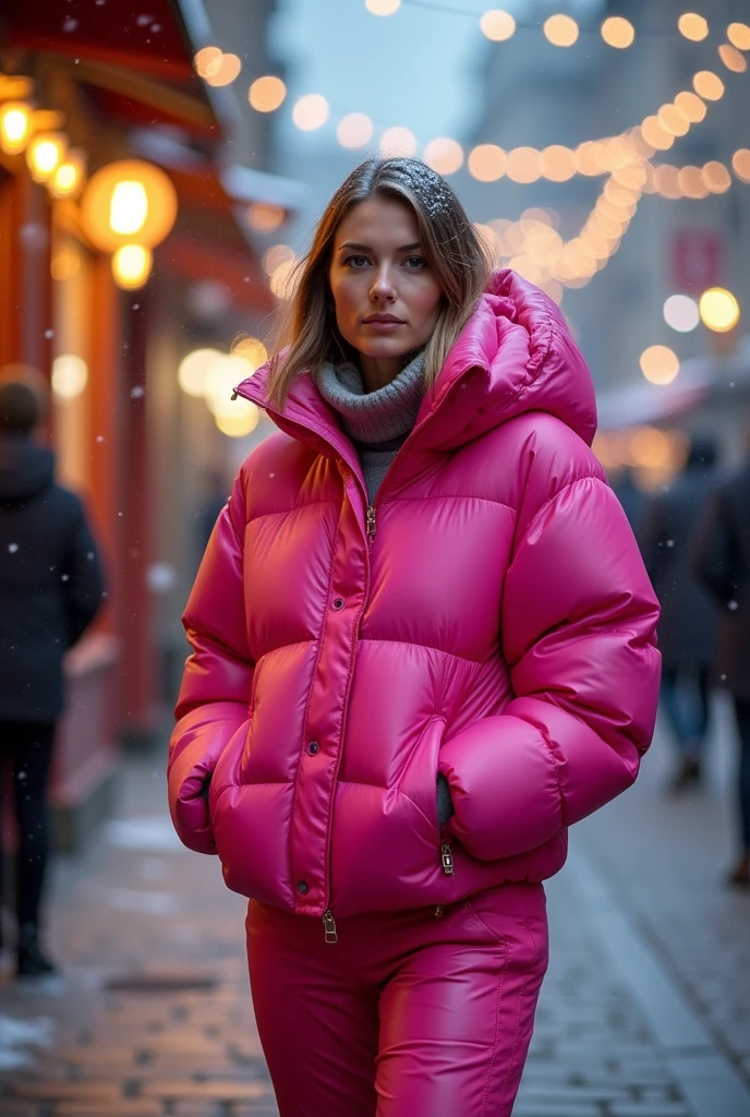 woman in a pink puffer jacket and quilted pants