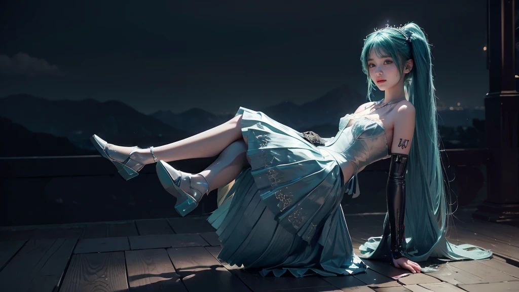 masterpiece,Game Art,Best picture quality,Maximum resolution,8k,(Upper Body,ambush),Unreal Engine 5 rendering works,Ray Tracing,RAW photos,(((Hatsune Miku Character))), (((Tosca Hair Color))), ((Long double ponytail hairstyle)), Enjoy the scenery, Focus on the Horizon, (((Perfect eyes))), (((Smile))), 21-year-old girl, Perfect body, (((Perfect anatomical structure))), Tosca Eye Color, Double eyelids, (((Small breasts))), Very detailed skin texture, (Realistic skin), Ultra-fine face, Delicate lips, (((Delicate eyes))), (((Double eyelids))), necklace, Moist skin, Wet hair, Simple background, (Front focus), (On the peaks:1.2), (((Night Atmosphere))), Deep Dark, Surrealist Portraits of Women by David Hockney and Alphonse Mucha, Fantasy Art, (((Photo-realistic))), ((Dynamic poses)), (((World Model Poses))), Dynamic Lighting, Art Station, poster, Volumetric Lighting, Very detailed faces, 4K, in the darkness, (((Night Atmosphere))), ((Deep Shadows)), Low profile, Cowboy shooting, (((Red long skirt))), Lighting Dress, (((Erotic lace dress))), (((stocking))),((3D Unreal Engine)),OC rendering reflection mode