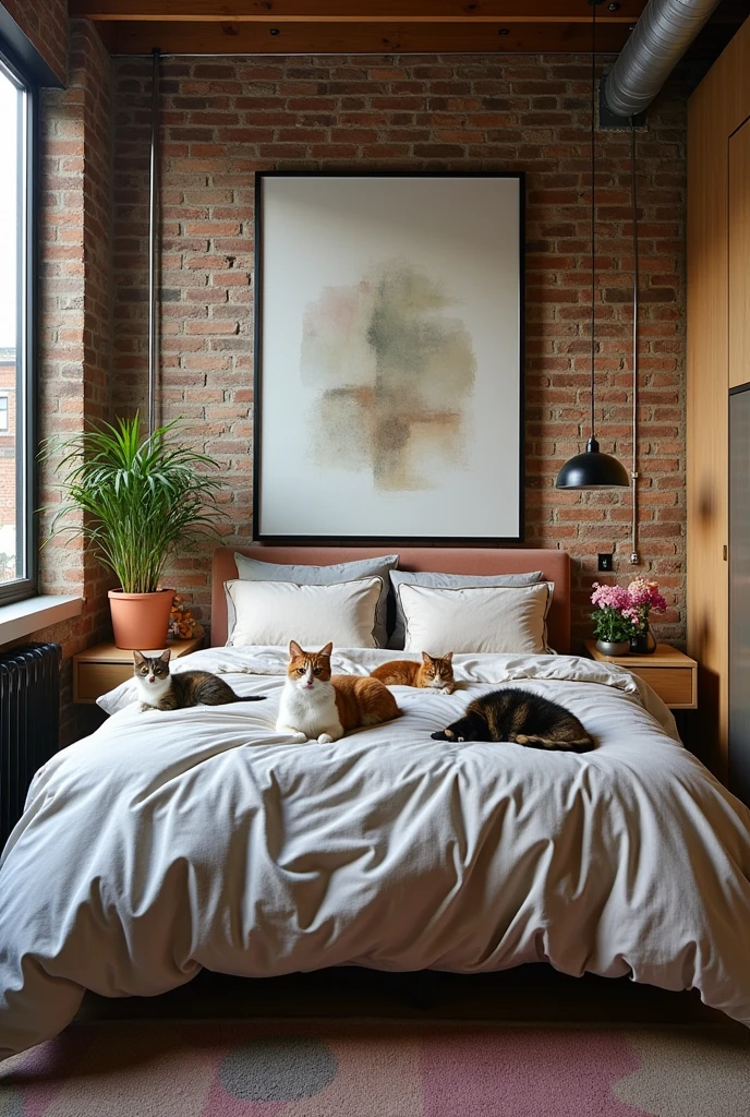 industrial bedroom with pvc materials and 5 cats are lying on bed