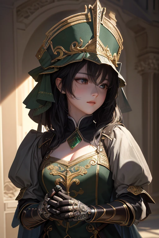 masterpiece: 1.7, highest quality、(Very detailed CG、Super detailed、best shadow:1.3)、solo、Painterly、Sketch、 Texture、ultra high resolution、highly detailed face、Highly detailed eyelat colors、limited pallete、high contrast、real、best lighting、Graceful、leprechaun、Beautiful woman、Black Knight、There's a blue rose in my left eye、skull mask on head、Wearing armor、green eye rack、Light blue hair、Short hair、Smile a little、white:1.5