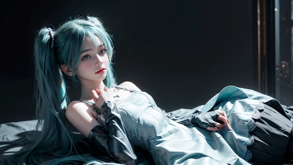 masterpiece,Game Art,Best picture quality,Maximum resolution,8k,(Upper Body,ambush),Unreal Engine 5 rendering works,Ray Tracing,RAW photos,(((Hatsune Miku Character))), (((Tosca Hair Color))), ((Long double ponytail hairstyle)), Enjoy the scenery, Focus on the Horizon, (((Perfect eyes))), (((Smile))), 21-year-old girl, Perfect body, (((Perfect anatomical structure))), Tosca Eye Color, Double eyelids, (((Small breasts))), Very detailed skin texture, (Realistic skin), Ultra-fine face, Delicate lips, (((Delicate eyes))), (((Double eyelids))), necklace, Moist skin, Wet hair, Simple background, (Front focus), (On the peaks:1.2), (((Night Atmosphere))), Deep Dark, Surrealist Portraits of Women by David Hockney and Alphonse Mucha, Fantasy Art, (((Photo-realistic))), ((Dynamic poses)), (((World Model Poses))), Dynamic Lighting, Art Station, poster, Volumetric Lighting, Very detailed faces, 4K, in the darkness, (((Night Atmosphere))), ((Deep Shadows)), Low profile, Cowboy shooting, (((Red long skirt))), Lighting Dress, (((Erotic lace dress))), (((stocking))),((3D Unreal Engine)),OC rendering reflection mode