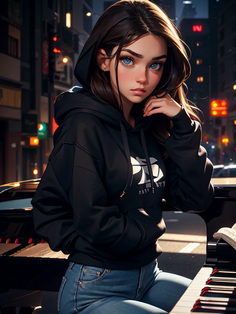 a pretty brunette girl, 22 years old, wearing a black hoodie and blue jeans, playing piano in an urban apartment, pensive and slightly sad expression, detailed facial features, detailed eyes and lips, complex urban background, fancy lighting, cinematic composition, realistic photo, high quality, 8k, ultra detailed