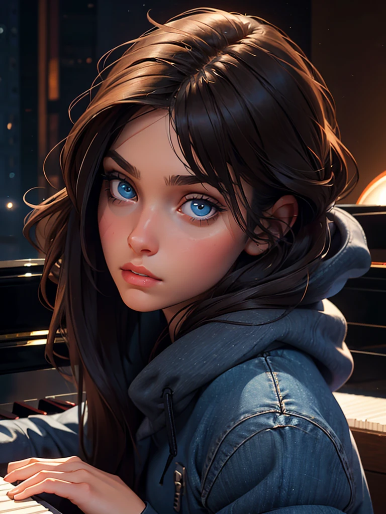 a pretty brunette girl, 22 years old, wearing a black hoodie and blue jeans, playing piano in an urban apartment, pensive and slightly sad expression, detailed facial features, detailed eyes and lips, complex urban background, fancy lighting, cinematic composition, realistic photo, high quality, 8k, ultra detailed