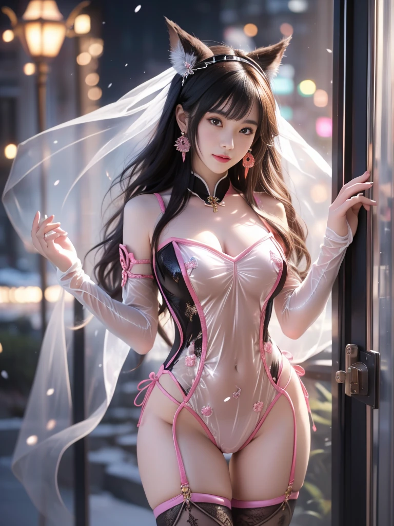 A beauty, (Race:Chinese),((night, moonlight, Balcony window)), (8K Ultra HD, 8K, Ultra-high resolution, best quality, masterpiece, Surrealism, Digital SLR Camera, Soft Light, Bokeh, Masterpieces), ((((Beautiful model-like face))), ((Creating the image of a real girl)), warm light, Realistic shadows, Dynamic poses, Elegant Posture, Cowboy lens, Full body front view, Be confident, Body facing the camera, Standing facing the camera, Open your legs slightly, Golden Ratio Graphics, Minimalism, Center the character), (Happy smile, Big watery eyes, Cherry Blossom, Balanced Eyes, Perfect beautiful face, Normal facial features, Realistic skin, Attention to skin details, Skin is clean and radiant, Anatomically correct body, Hourglass figure, cosmetic, Gloves, earrings, bracelet, necklace, Jewelry, veil, Hair accessories, Headdress, shawl), ((beautiful hair), Dark brown hair, Big wavy curly hairstyle, Waist-length hair, Messy Hairstyle, Gradient hairstyles, Cyberpunk hairstyle), ((Transparent clothes:1.5), (Color of clothes: Pink), Transparent Clothes, See-through clothes, Tulle clothes, Mesh clothes, Transparent sci-fi Hanfu, Shiny micro bikini bra, (Clothes that accentuate your bust shape)), (Sexy的, Perfect breast shape, Teardrop chest shape, Snow-white breasts, very detailed breasts, 36C cups), (Tempting, Super high waist, Deep V, Low-cut, Sexy, Flattering, Open crotch, (Camel toe, High fork strangulation)), (sock, Knee socks, 吊garter, Leg ring, garter, 腿部garter), (style:Sexy,Mature), (Wet body:1.0) , (Wet clothes:1.0), (clothes pattern: line)