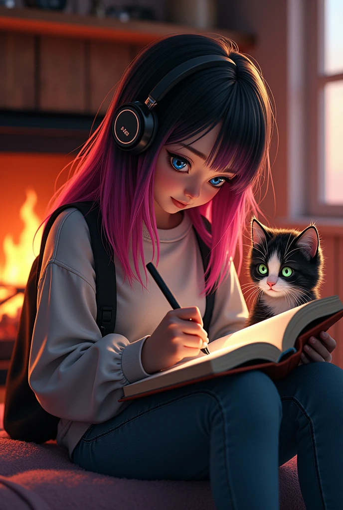 A beautiful young e-girl, wearing headphones and stylish clothing in pink and black, is writing in a notebook. The scene is set in a cozy room with a warm, crackling fireplace. A curious kitten with one eye of each color is sitting nearby, watching intently as she writes. The image should be of high quality, a work of art, and highly detailed, streaked hair, modern, vanishing point, wide shot, wide shot, vanishing point, wide shot, UHD, masterpiece, super detail