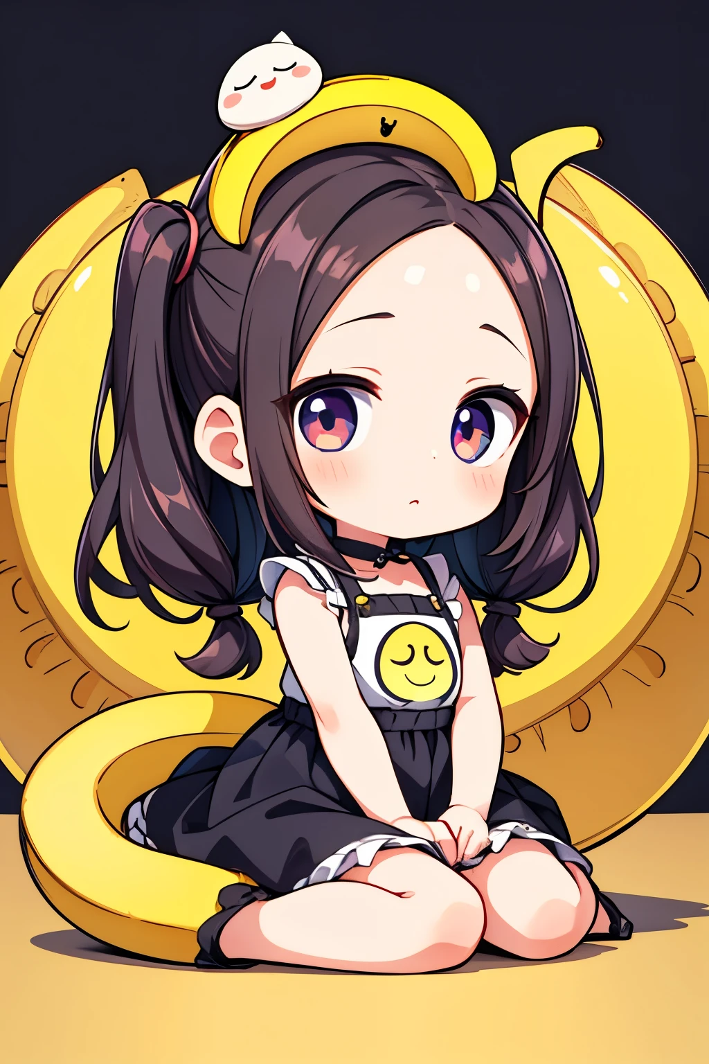 Photorealistic、Chibi Doll(whole body、Panic face、hairpin、A hairstyle that reveals a large forehead、A hairstyle parted in the middle、A banana peel is sitting on top of his head.)