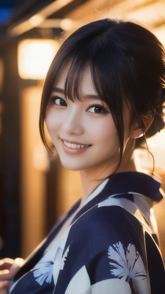 8k,Highest quality,(masterpiece:1.2),(Realistic),(Realistic:1.37),Ultra-high resolution,1 female college student,festival,night,smile,Beautiful Eyes,(((Cute Yukata))),Perfect body,Perfect Fingers,Professional Lighting,gravure,Detailed face and skin texture,fine grain,RAW Photos