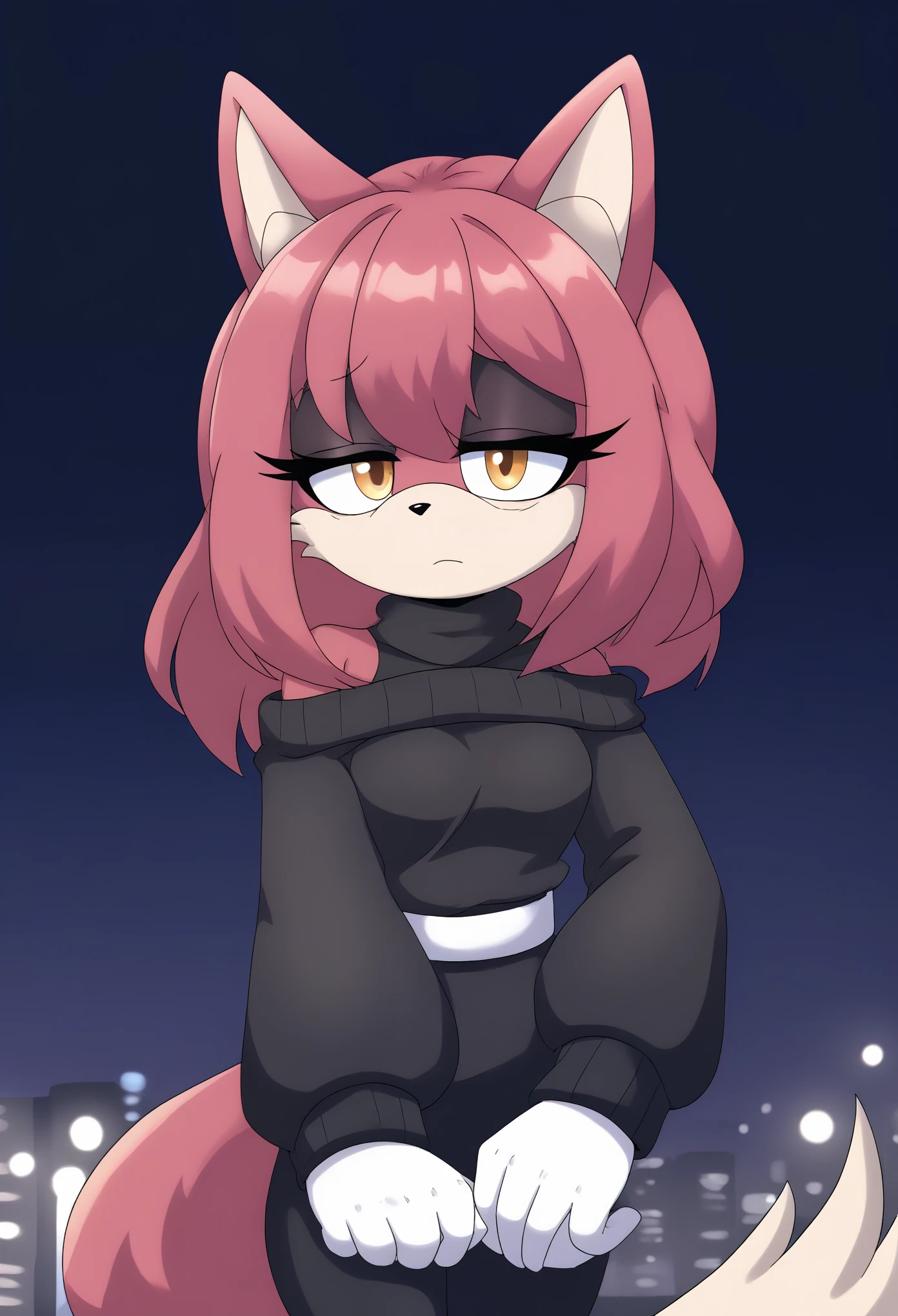(1girl), (solo), Female Fox, pale maroon colored fur, long pale maroon hair, fringe_trim styled hair bangs, amber eyes, medium bust, (black sweater dress), (off shoulder sweater), yoga pants, loose white belt, long bell sleeves, sleeves overlapping hands, makeup, eyelashes, nighttime, dim city lights, (tired expression), sleepy, mobian, mobius city
