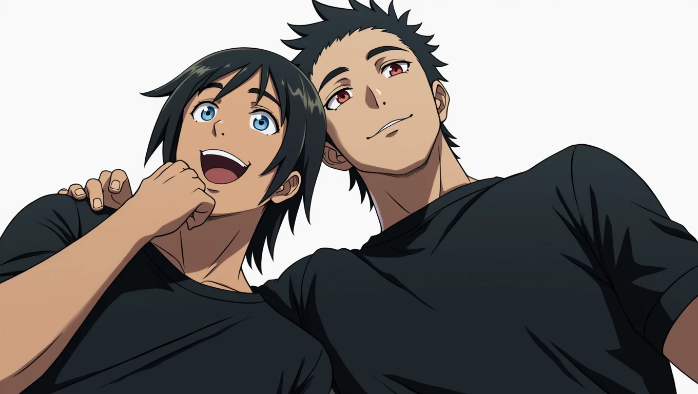 anime characters with black shirts and black hair posing for a picture, two anime handsome men, akehiko inoue and ross tran, katsuhiro and inio asano, bishounen, from yowamushi pedal, sankakucomplex anime image, jin shan and ross tran, jiro matsumoto and yusuke murata