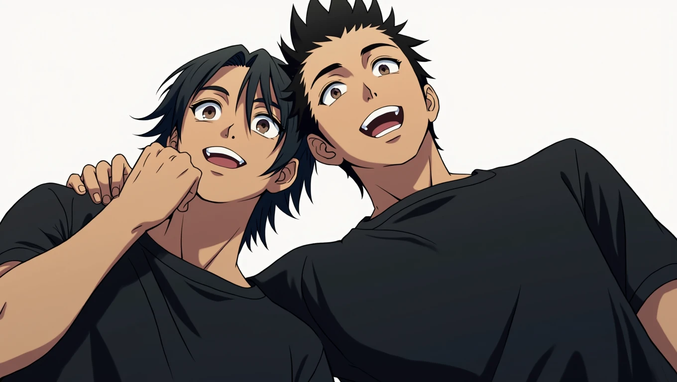 anime characters with black shirts and black hair posing for a picture, two anime handsome men, akehiko inoue and ross tran, katsuhiro and inio asano, bishounen, from yowamushi pedal, sankakucomplex anime image, jin shan and ross tran, jiro matsumoto and yusuke murata