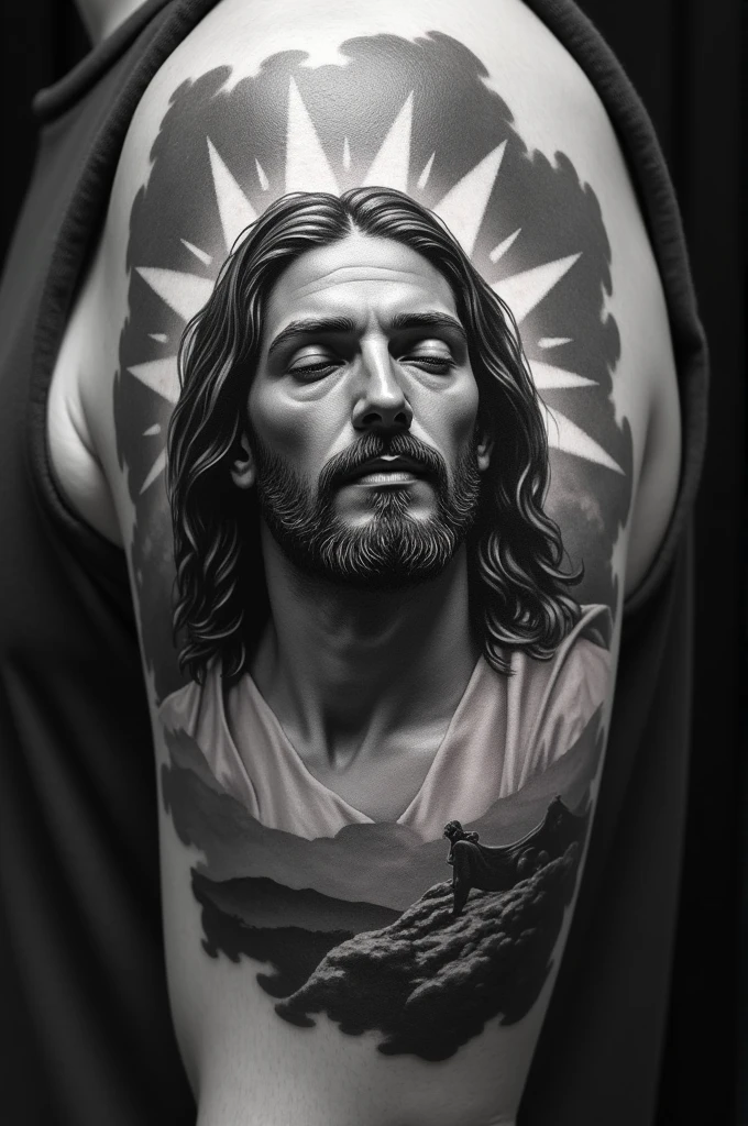 black and grey tattoo of Jesus before being crucified 