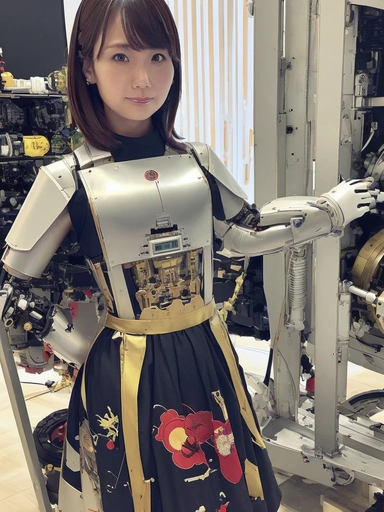 masterpiece, Highest quality, Very detailed, Japaese アンDroid girl,Portraiture,Plump,Thick,Control panel,アンDroid,Droid,Mechanical Hand, robotの腕と脚, Black Hair,Blunt bangs,perfect robot girl,Long tube,A thick cable was attached to her neck.,アンDroid,robot,humanoid,cyborg,japanese cyborg girl ,robot-assembly plant,She is now assembling,Assembly scene,Chubby,Squat