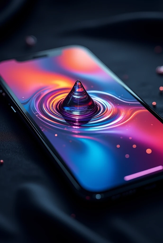 iphone 15 pro max, with 4k hd result, showing beautiful colorfull abstract image,metalic droplet floating on screen, dark back ground
