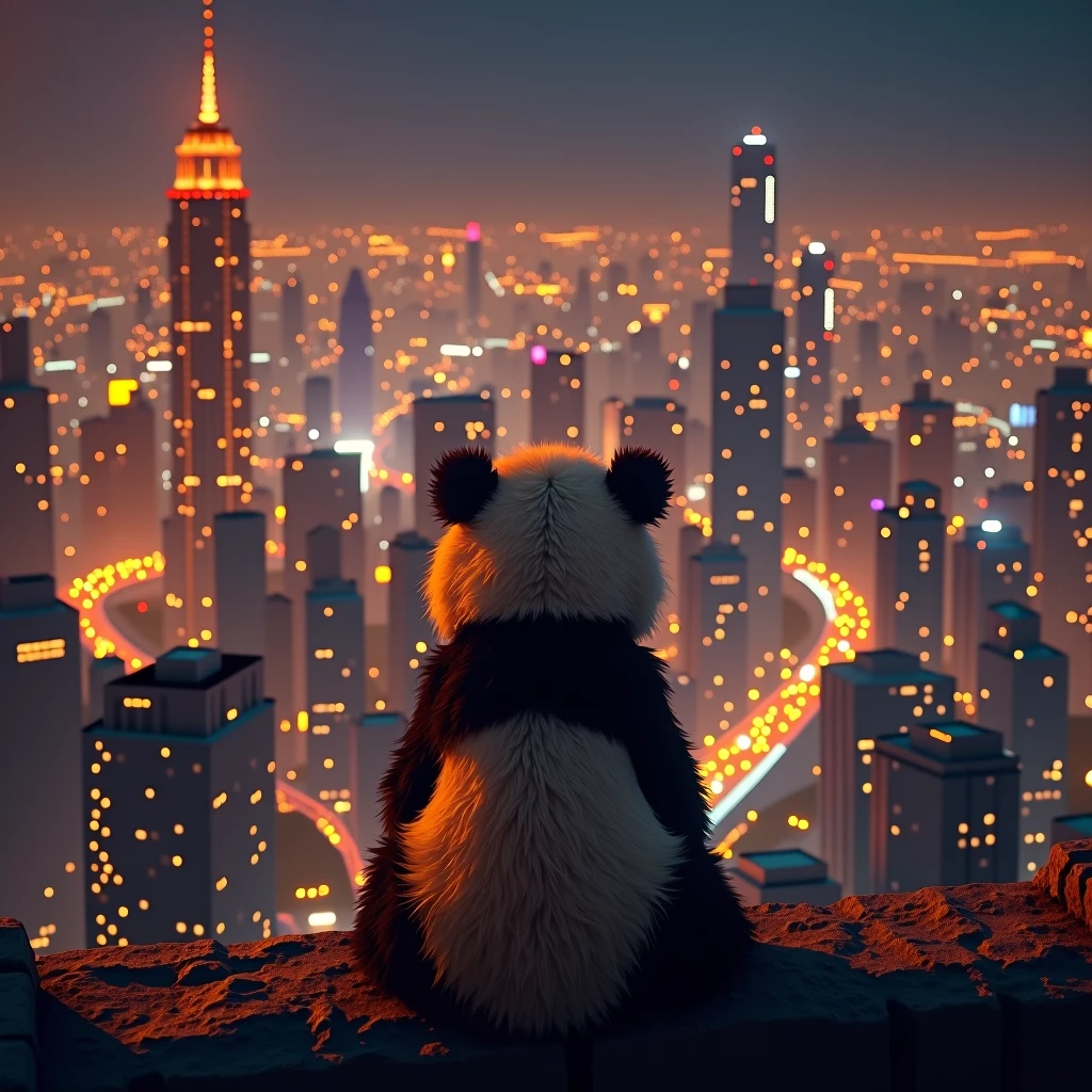 Highest quality、A futuristic city bathed in golden neon、Watching from on high、Night view、8k、The fluffy, soft back of a panda