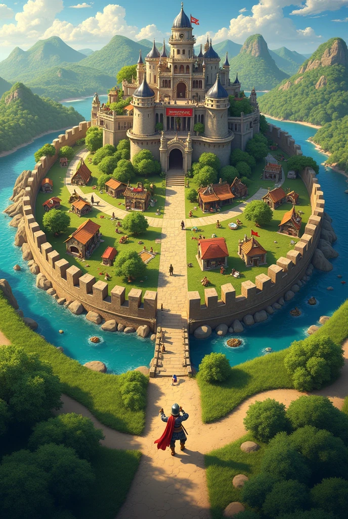 Concentric walls of the Middle Ages seen from above that follow the edges of a large island . These walls prevent access to the outside world . Inside there are fields of cultivation, a palace, markets, dilapidated houses. In the clash royale theme