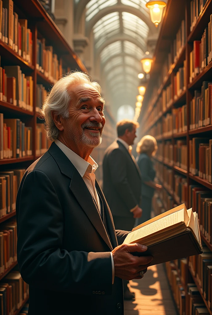 (photorealism:1.2), A bookstore with arrogant salespeople and an old man happily choosing books. Realistic, intricate details, warm colors,