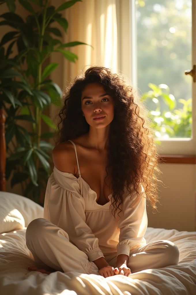 (photorealism:1.2), beautiful woman, sitting on bed, wearing loose off-shoulder top, pajama pants, long curly hair, indoors, soft lighting, plants in background, window with sunlight, cozy room, relaxed pose, realistic, intricate details, warm colors, by Greg Rutkowski, by Alphonse Mucha