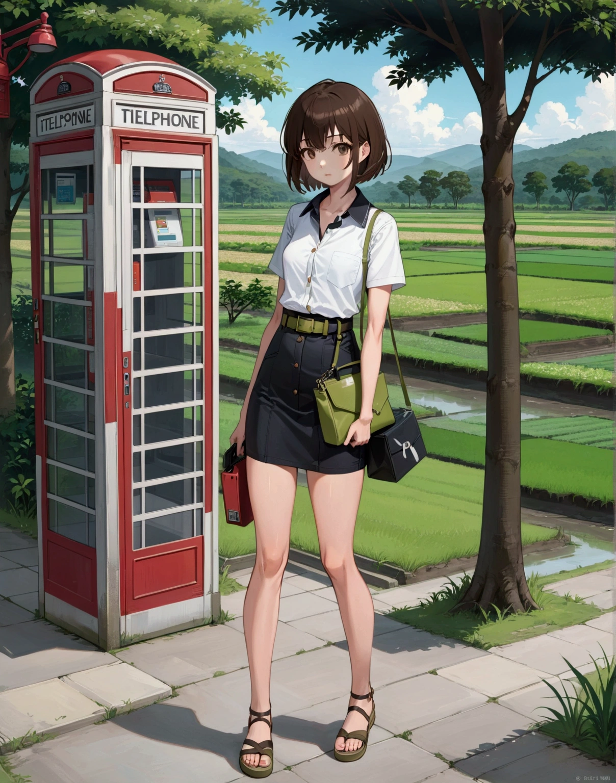 realistic anime illustration of beautiful young woman is standing under the tree and carrying green hobo bag and holding black paper bag, telephone box beside her, rice field scenery, she has brown shoulder length bob cut , she wearing white short sleeve collared unbuttoned top shirt, black pencil mini skirt with brown belt, and khaki sandals