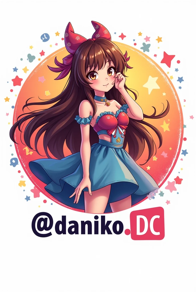 Round logo for promotional brand of Cosplayer with the name of instagram (@daniko.DC) with an image of a girl with anime cosplay, long brown hair on a white background