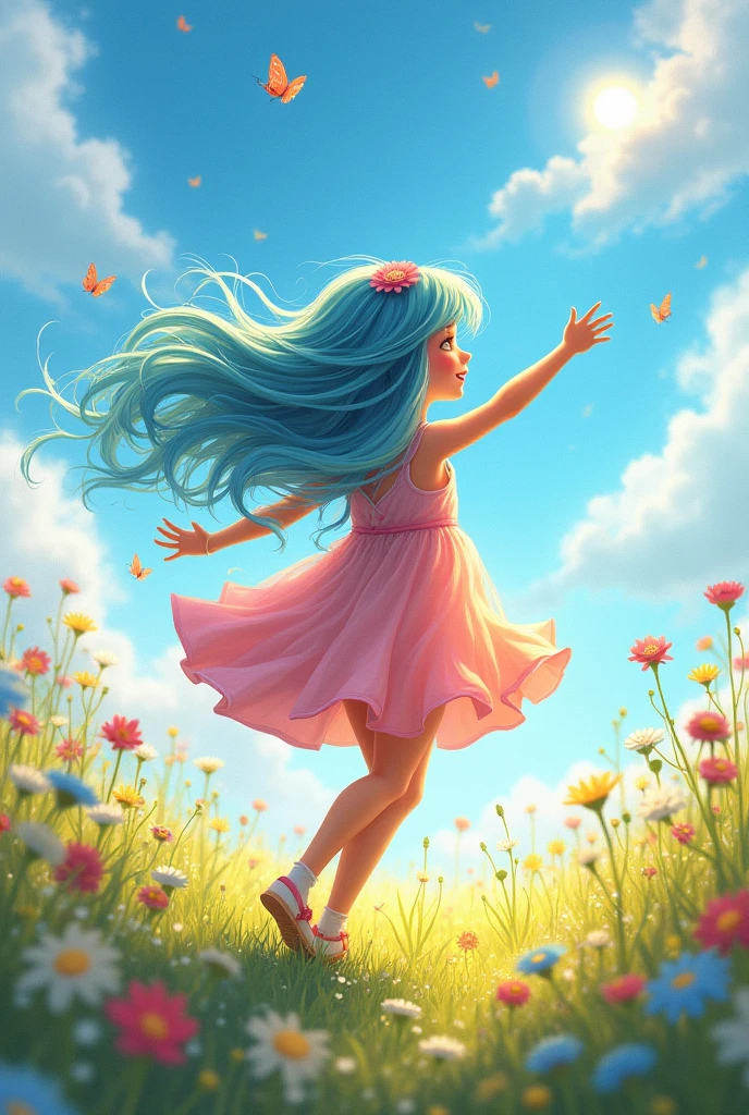 Girl Have long Blue pink Yellow hair