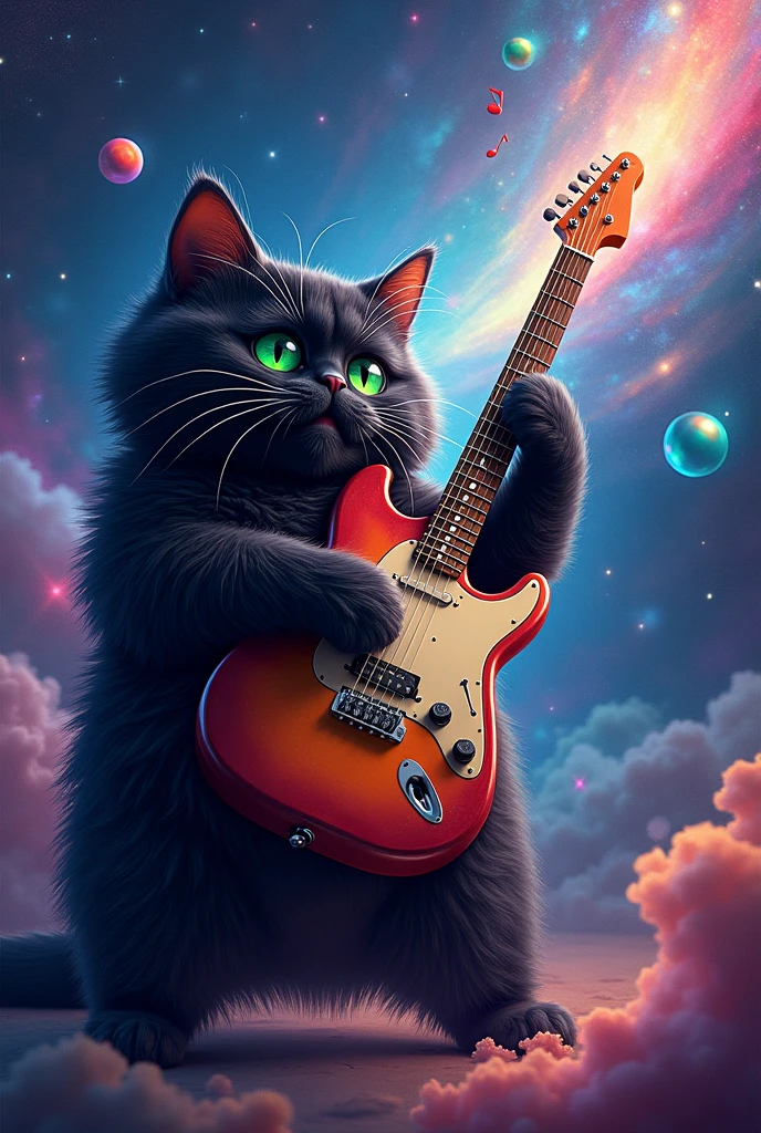 Big fat black cat playing guitar on the space