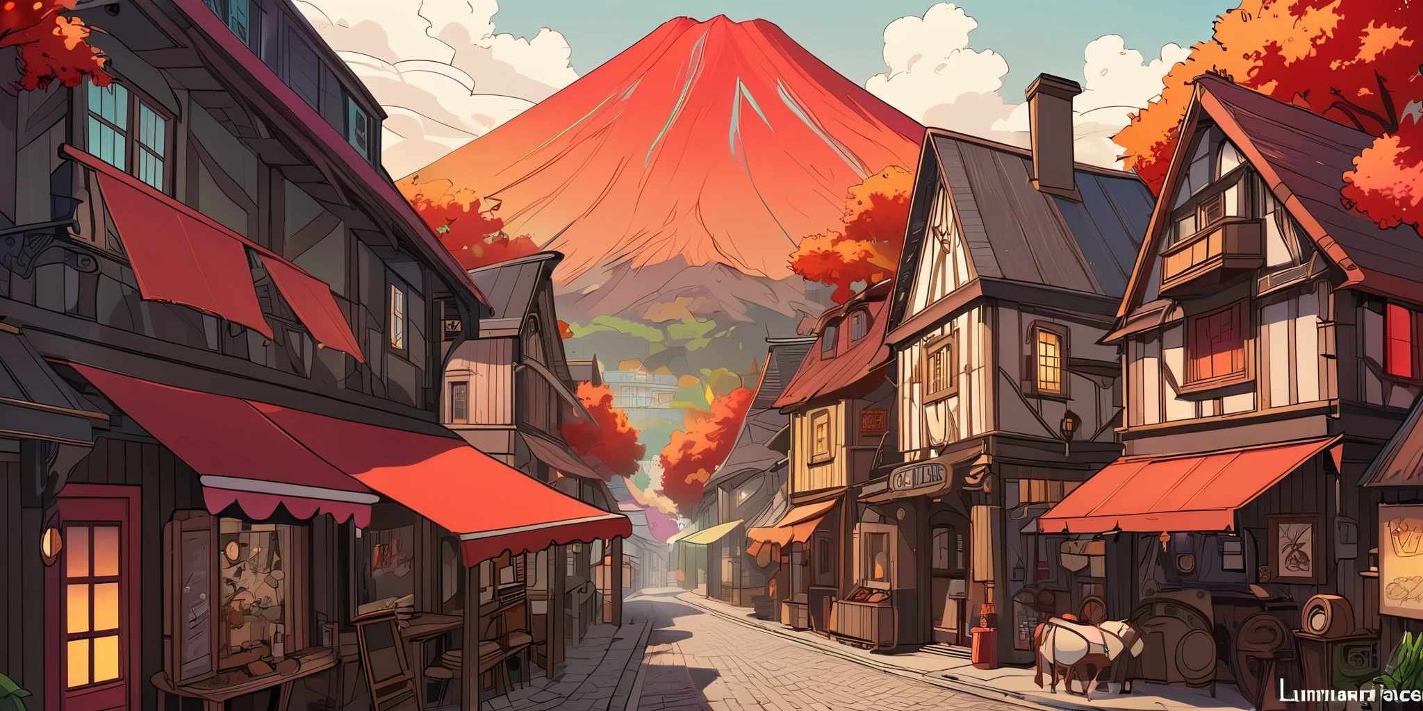 Draw a lofi anime poster, village, volcan, Steampunk Decoration, faire, lumière, a beautiful color palette in black red, couleurs saturées vibrantes, ouvrages d'art, days, animated theme
