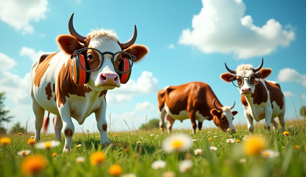 One cow is wearing headphones and 2 cows are wearing glasses