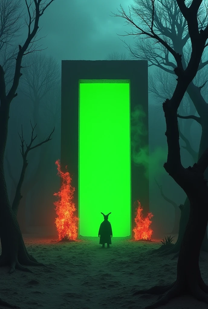 A horizental square portal inside fill with green screen and portal from outside covered with red bloody fire awaking a black eye evil creature and creature is standing at the side of frame in black and blue creepy desert forest
