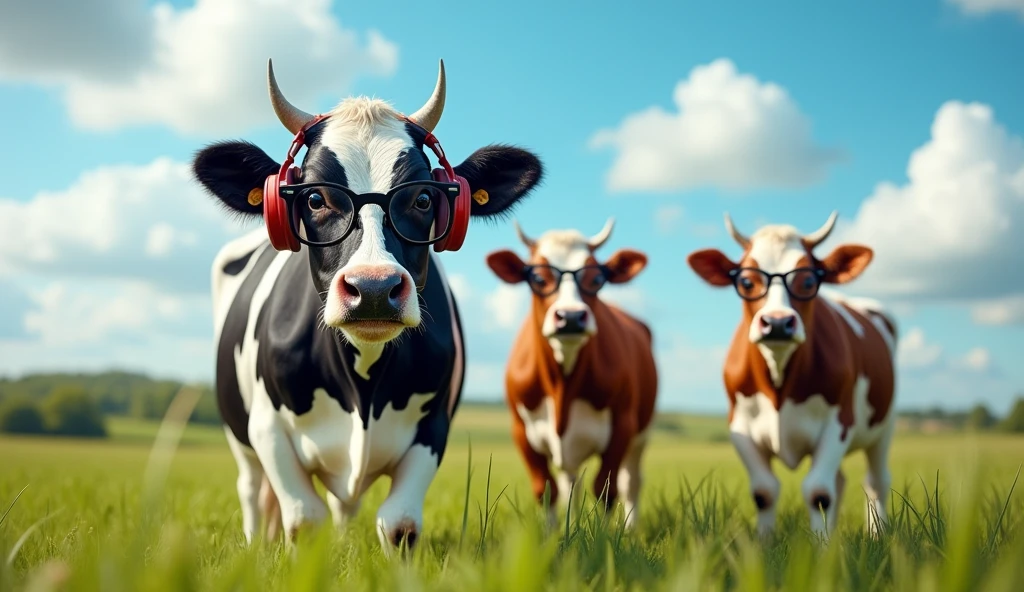 One cow is wearing headphones and 2 cows are wearing glasses