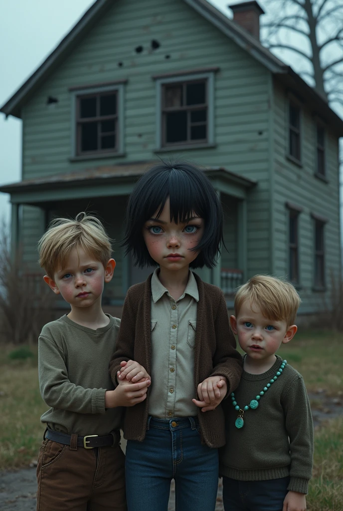 A 22-year-old woman with short, dark hair and a purple ring., A blonde boy with a green pearl necklace, a blond boy with freckles and a blue amulet necklace. They are all holding hands in front of an old, abandoned house and their expressions are filled with fear.