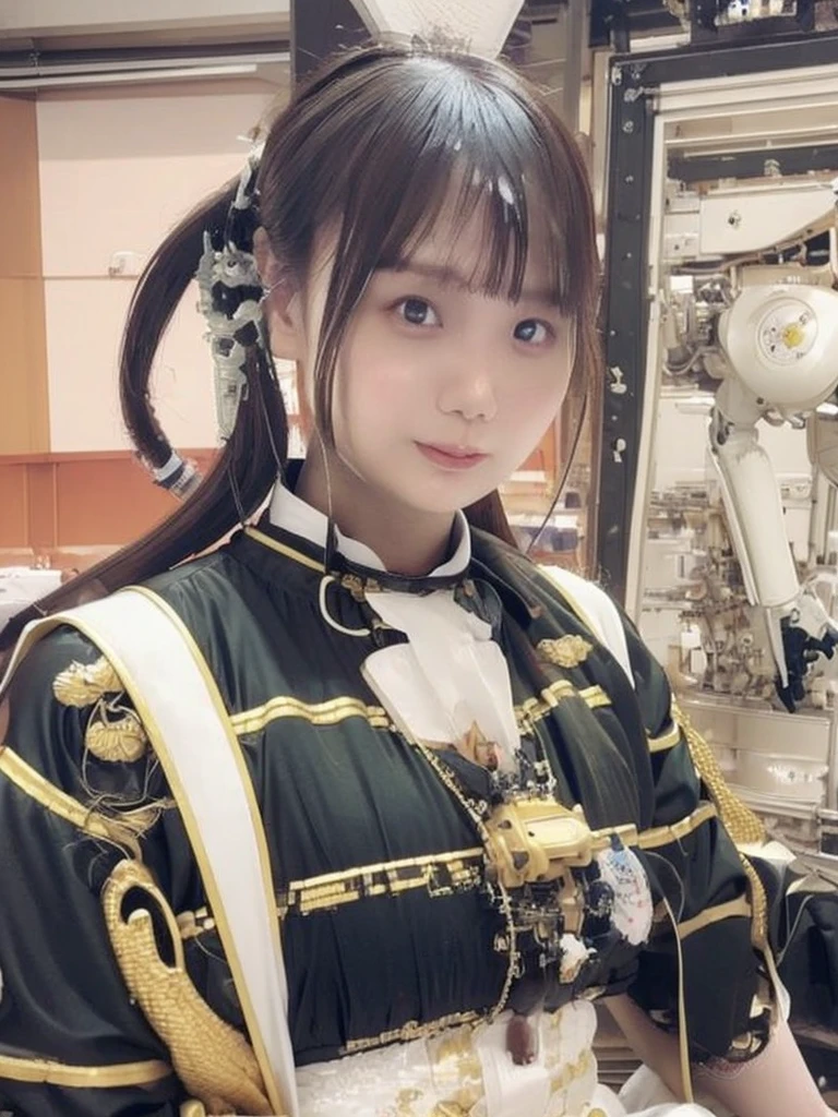 masterpiece, Highest quality, Very detailed, Japaese アンDroid girl,Portraiture,Plump,Thick,Control panel,アンDroid,Droid,Mechanical Hand, robotの腕と脚, Black Hair,Blunt bangs,perfect robot girl,Long tube,A thick cable was attached to her neck.,アンDroid,robot,humanoid,cyborg,japanese cyborg girl ,robot-assembly plant,She is now assembling,Assembly scene,Chubby,Squat