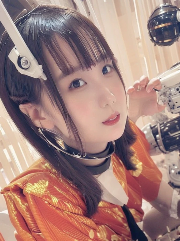 masterpiece, Highest quality, Very detailed, Japaese アンDroid girl,Portraiture,Plump,Thick,Control panel,アンDroid,Droid,Mechanical Hand, robotの腕と脚, Black Hair,Blunt bangs,perfect robot girl,Long tube,A thick cable was attached to her neck.,アンDroid,robot,humanoid,cyborg,japanese cyborg girl ,robot-assembly plant,She is now assembling,Assembly scene,Chubby,Squat