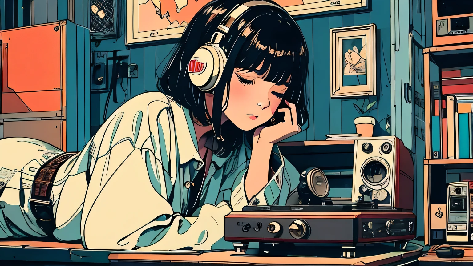 ((best quality)), ((masterpiece)), (detailed), ung woman, a cozy, nostalgic scene, short dark hair, wearing a white shirt, lying down and resting her head on a desk. She has large headphones over her ears, and her eyes are closed as if she has fallen asleep, near a vintage turntable. In the background, include old-fashioned audio equipment like a radio and a coffee cup.