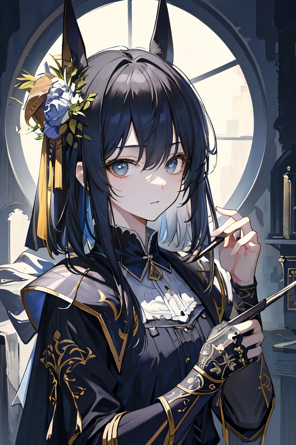 masterpiece: 1.7, highest quality、(Very detailed CG、Super detailed、best shadow:1.3)、solo、Painterly、Sketch、 Texture、ultra high resolution、highly detailed face、Highly detailed eyelat colors、limited pallete、high contrast、real、best lighting、Graceful、leprechaun、Beautiful woman、Black Knight、There&#39;s a blue rose in my left eye、skull mask on head、Wearing armor、green eye rack、Light blue hair、Short hair、Smile a little、white:1.5
