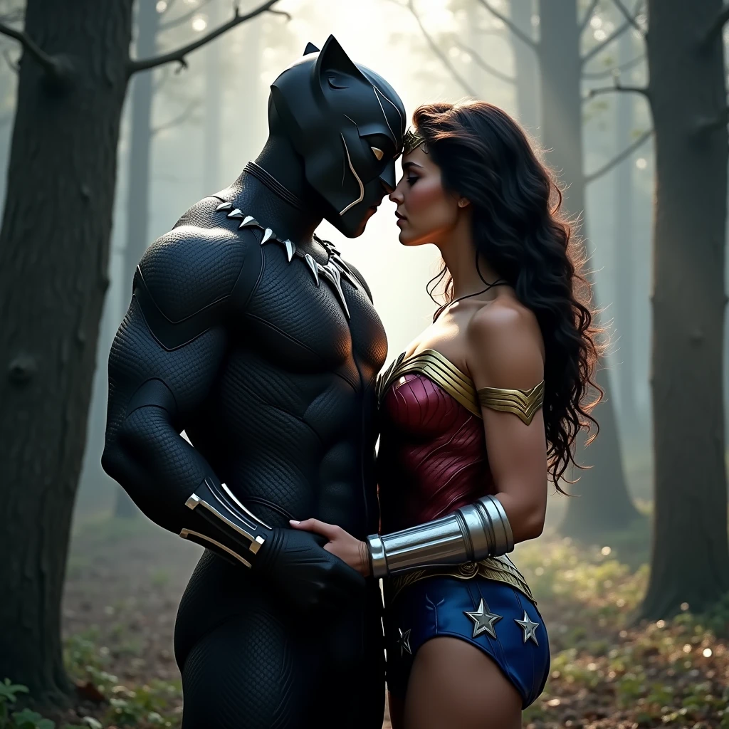 "Create a close-to-realistic image of Black Panther and Wonder Woman in a romantic setting. Black Panther, wearing his sleek black vibranium suit with subtle accents of silver, stands beside Wonder Woman, who is in her classic red, blue, and gold armor. They are gazing into each other’s eyes with affection, holding hands. The background is a serene, moonlit forest, with soft light filtering through the trees, casting a gentle glow on their faces. The atmosphere should feel intimate and full of warmth, capturing the emotion of love between these two powerful superheroes."