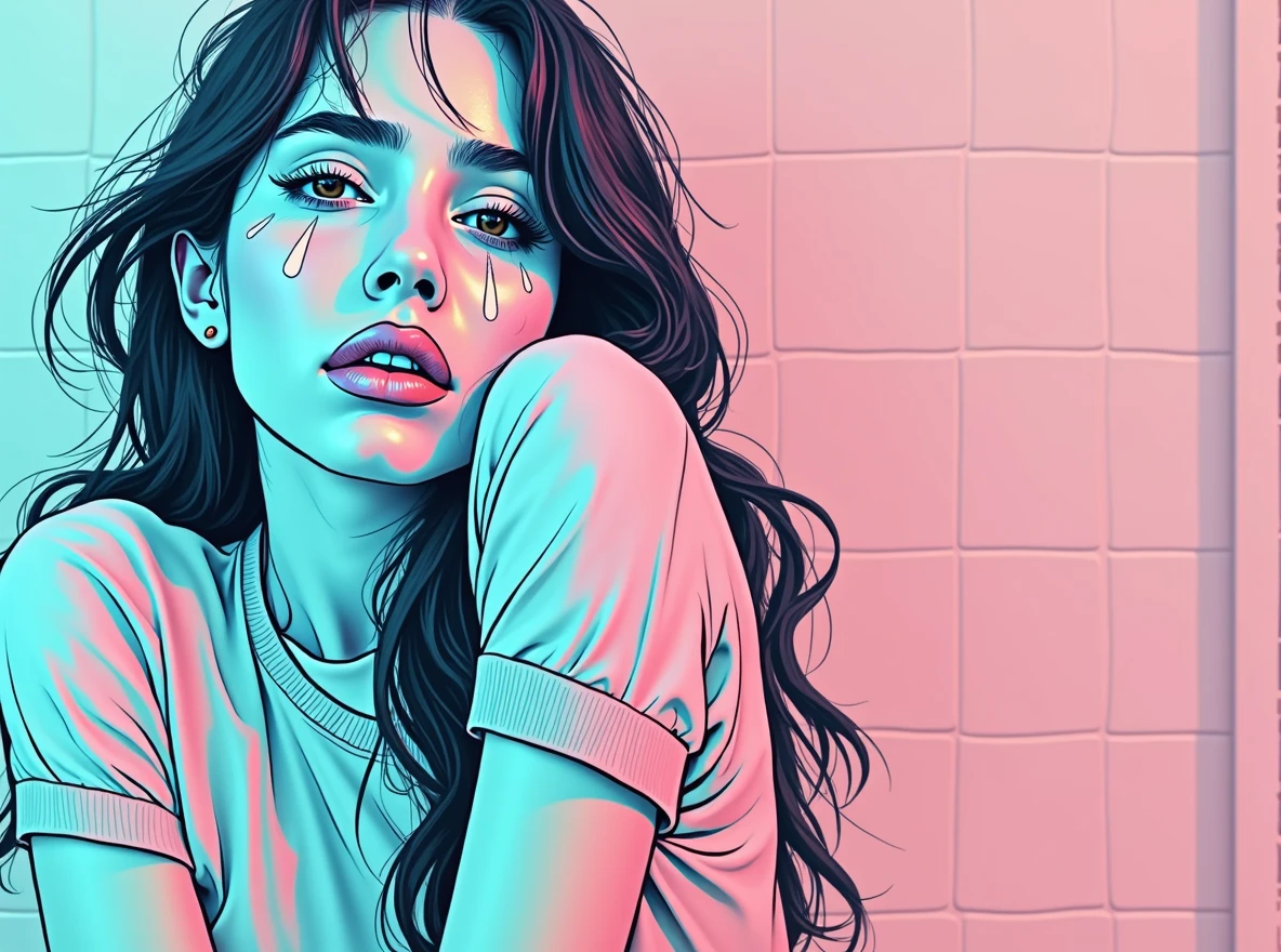 , creating an atmosphere of sadness or despair. She appears distressed or sad as she sits alone against a light-colored wall. This illustration captures the essence of emotional turmoil and loneliness, high resolution photography, in pink and blue tones, pop art style, vibrant colors