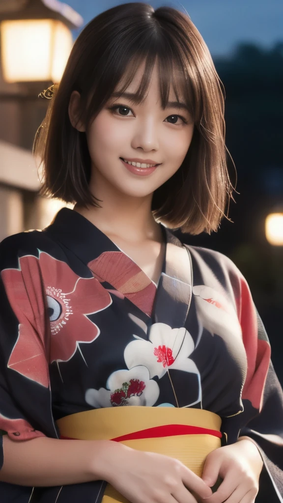 8k,Highest quality,(masterpiece:1.2),(Realistic),(Realistic:1.37),Ultra-high resolution,1 female college student,festival,night,smile,Beautiful Eyes,(((Cute Yukata))),Perfect body,Perfect Fingers,Professional Lighting,gravure,Detailed face and skin texture,fine grain,RAW Photos