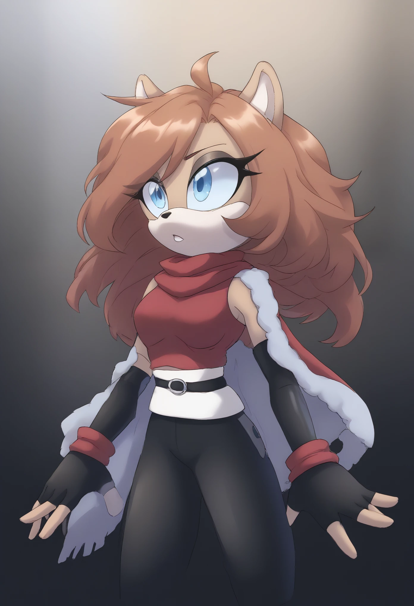 (1girl), (solo), Female Mink, light brown fur, long hair, fringe_trim styled hair bangs, blue eyes, medium bust, white cropped vest coat, reddish magenta crop top, black yoga pants, white belt, long anime-like scarf blowing in the wind, long elbow length black gloves, fingerless gloves, makeup, eyelashes, daytime, mobian, mobius city

