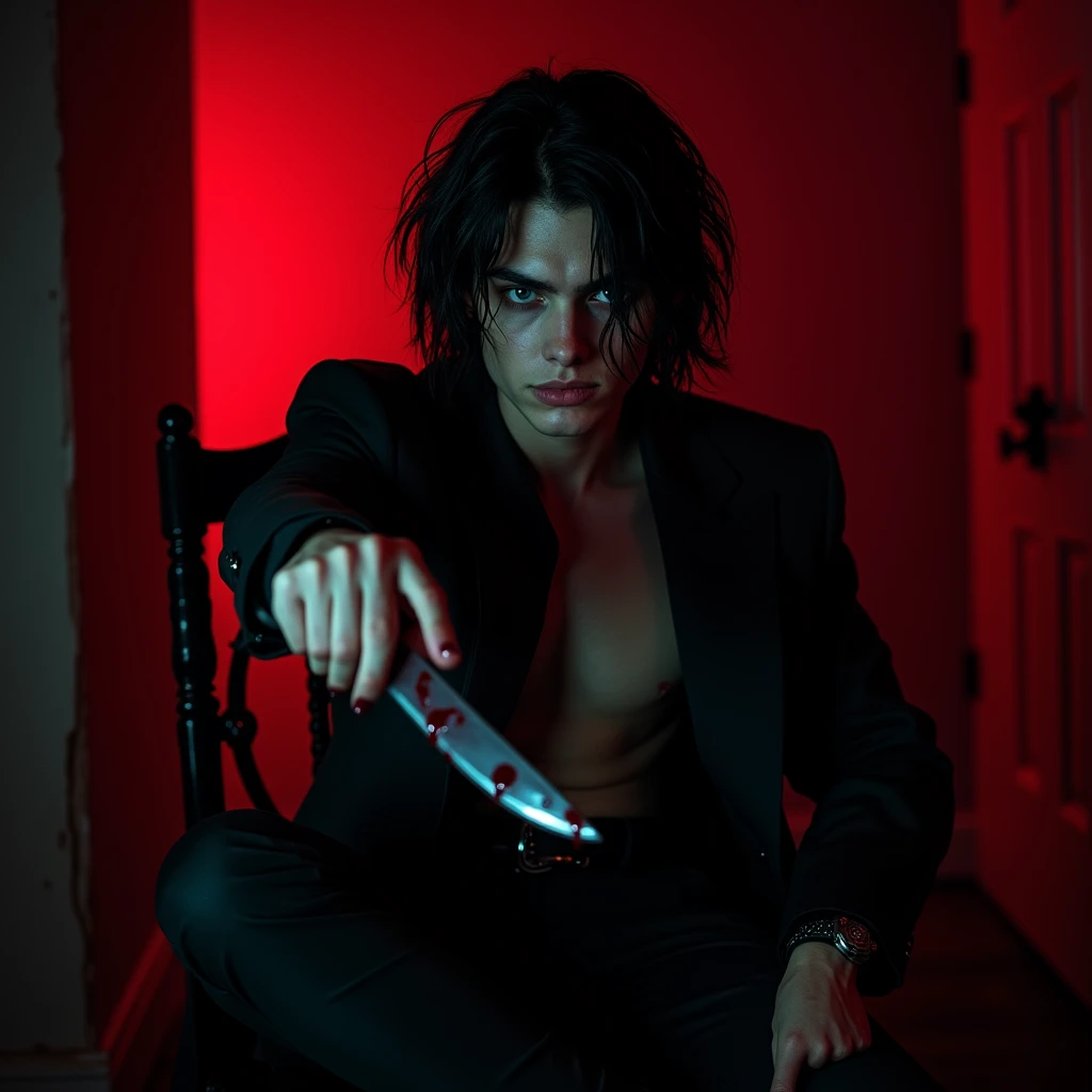 A sexy young male with delicate facial features, black long hair, teal blue eyes. Wearing full Gothic clothes. Holding a knife in his hand. He's wanted a serial killer. (((No facial or body hair))) (Male) (Black and red) (Smirking maliciously) (malicious) smirking and narrowing his eyes with a malicious expression. (((Seductive))) Blood. (Sitting with his legs crossed.) Holding his knife at the camera. Malicious. He has eyeliner. Blood. Smirking. 
