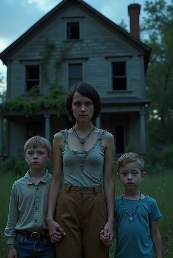 A 22-year-old woman with short, dark hair and a purple ring., A 10-year-old blonde boy with a green pearl necklace, a blond boy with freckles and a blue amulet necklace. They are all holding hands in front of an old, abandoned house and their expressions are filled with fear.