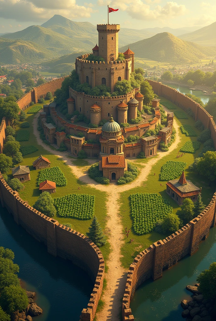 Des murs concentriques du moyen age vu de haut qui suite les bordures d'une grande île . Ces murs empêche l'accès avec le monde extérieur . Dedans il y a des champs de culture, un palais, des marchés, des maisons délabré. Dans le thème clash royale . Avec beaucoup de maisons et un petit palais