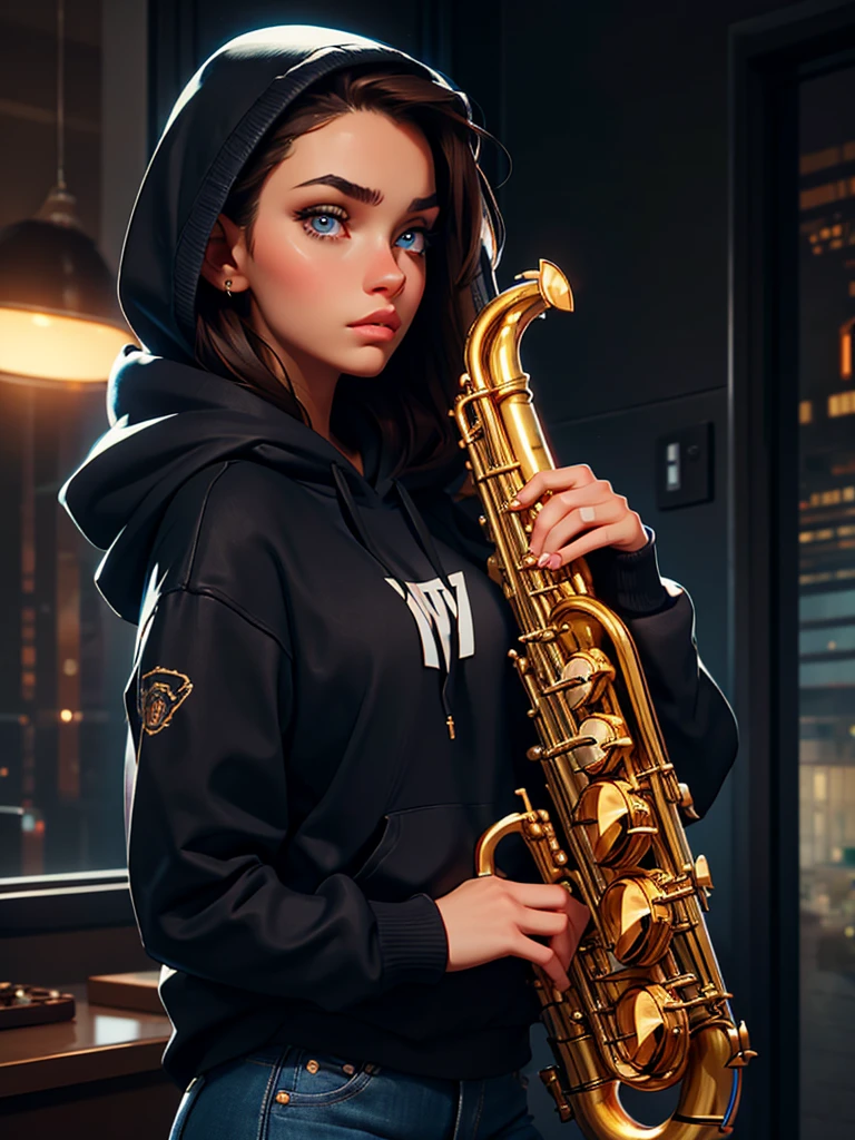 a pretty brunette girl, 22 years old, wearing a black hoodie and blue jeans, playing saxophone in an urban apartment, pensive and slightly sad expression, detailed facial features, detailed eyes and lips, complex urban background, fancy lighting, cinematic composition, realistic photo, high quality, 8k, ultra detailed