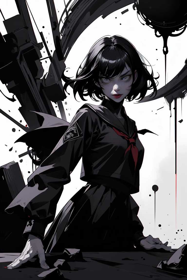 v5lcn style,Ink Art,(Highest quality,Tabletop:1.2),(Black and white comic core:1.1),(extremely high contrast),Dark ink,One Girl,Black-haired,Shadow on face、8k,solve,high school girl,Sailor suit,deep red lips、Splattering fresh blood