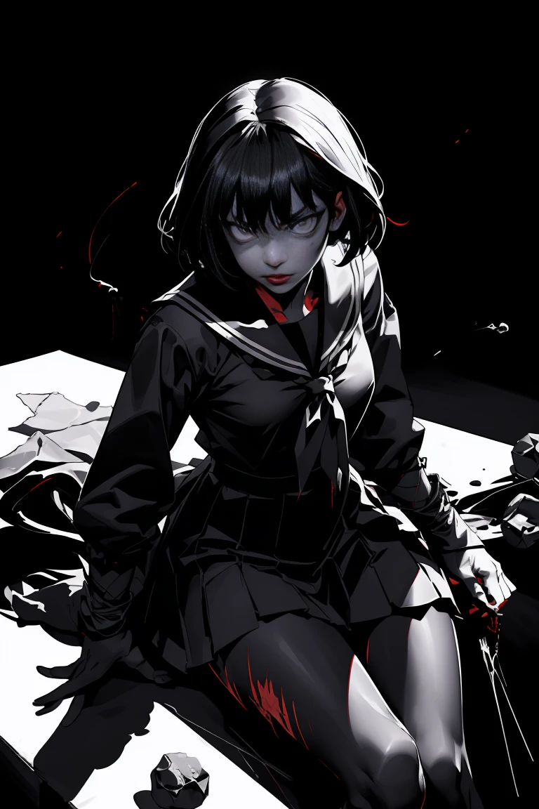 v5lcn style,Ink Art,(Highest quality,Tabletop:1.2),(Black and white comic core:1.1),(extremely high contrast),Dark ink,One Girl,Black-haired,Shadow on face、8k,solve,high school girl,Sailor suit,deep red lips、Splattering fresh blood