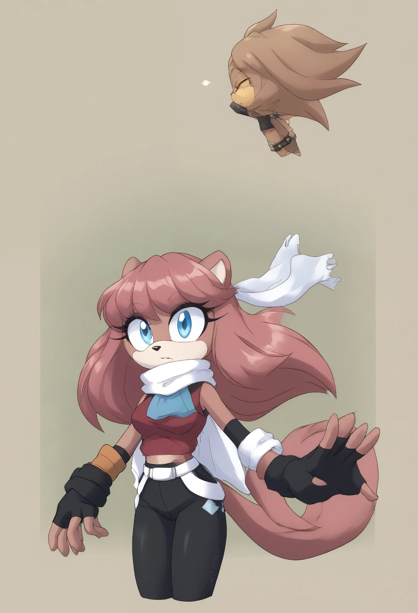 (1girl), (solo), Female Mink, light brown fur, long hair, fringe_trim styled hair bangs, blue eyes, medium bust, long tail, white cropped vest coat, reddish magenta crop top, black yoga pants, white belt, long anime-like scarf blowing in the wind, long elbow length black gloves, fingerless gloves, makeup, eyelashes, daytime, mobian, mobius city