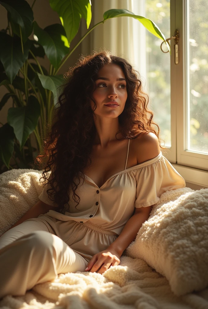 (photorealism:1.2), beautiful woman, sitting on bed, wearing loose off-shoulder top, pajama pants, long curly hair, indoors, soft lighting, plants in background, window with sunlight, cozy room, relaxed pose, realistic, intricate details, warm colors, by Greg Rutkowski, by Alphonse Mucha