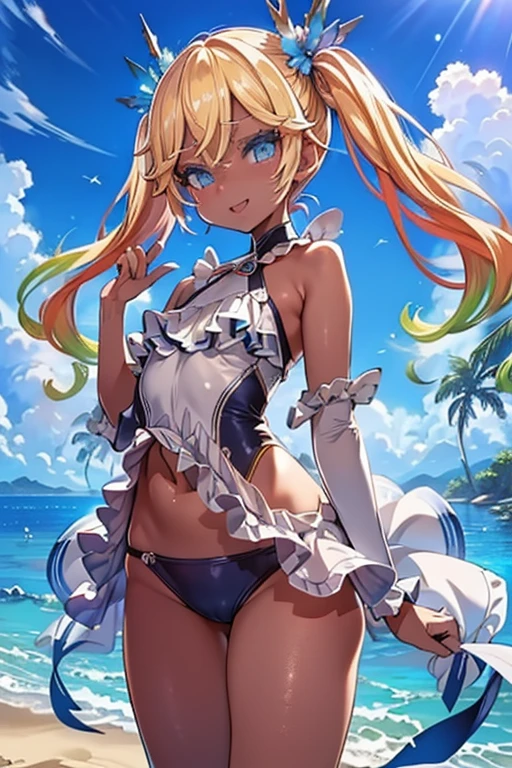 High resolution、Sharp focus、(Super detailed、Very detailed)、(Very detailedな CG ユニティ 8k 壁紙)、(((Bright colors)))、{Best illustrations}、
In Ioikla、Platinum Blonde Hair、Twin tails、hair ornaments、
Complex eyes、Beautiful fine details、Symmetrical eyes、Big eyes:1.5、Captivating eyes、(((Dark Skin、Dark Skin、Light沢のある肌:1.5、Light Skin:1.5、
Sunburned skin、Light沢のある肌、非常にLight沢のある肌、Light沢のある体、Plastic glitter skin、誇張されたLight沢のある肌、Illuminated Skin)))、
(Detailed body)、(Detailed face)、cute、Lewd、erotic、Bold、Camel Toe、
Small breasts、Revealing clothing、Show some skin、Black sheer high-leg one-piece swimsuit、smile、Open your mouth、Wet Skin、(Flying debris、Ultra-high resolution)、Wearing a rainbow aura、目に見えないLight、Amazing shine、Neon orange glow、another world color、Bright colors、Ghostly Effects、((海でswim))、swim、look up、Cumulonimbus、Surrounded by water、reflection、Breathtakingly beautiful clouds、Light、まばゆいLight、映画のようなLight。Coconut Tree、Marine blue sea、White sand beach、